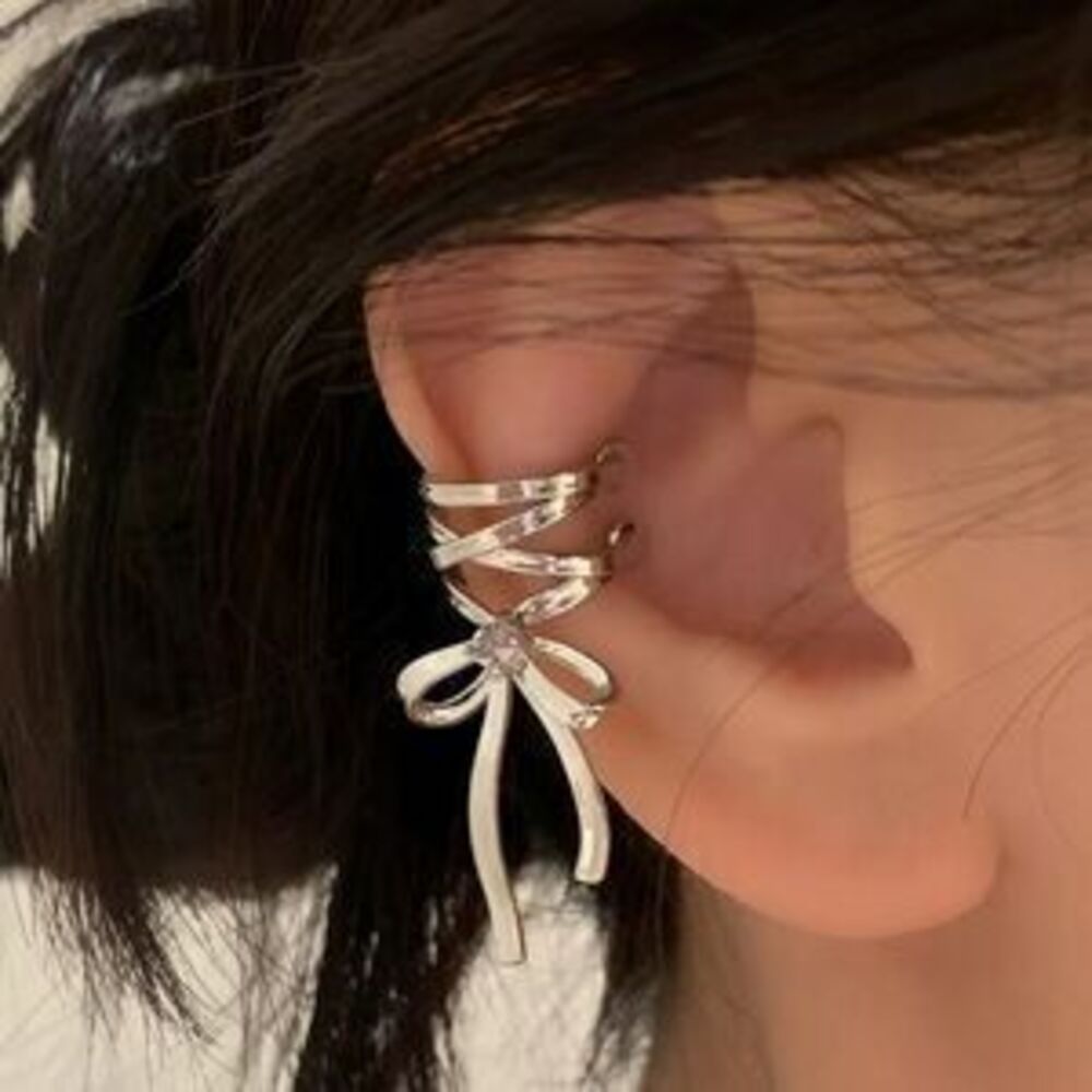 Silver Bow Wrap with CZ Accent Adjustable Statement 2pc Ear Cuffs